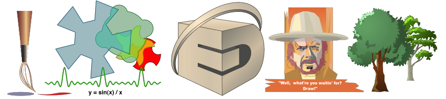 EazyDraw, Example showing illustration, technnical drawing, logo design and scientific drawing with math curves for Mac OS X