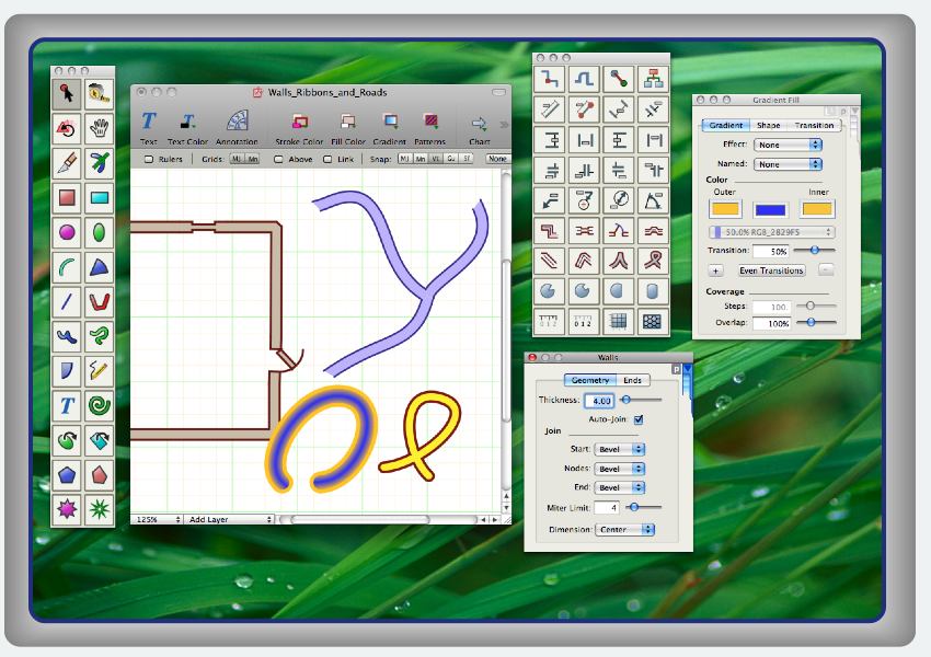 Showing architectual floor plan wall tool and use as roads on a map and ribbons - Mac on OS-X